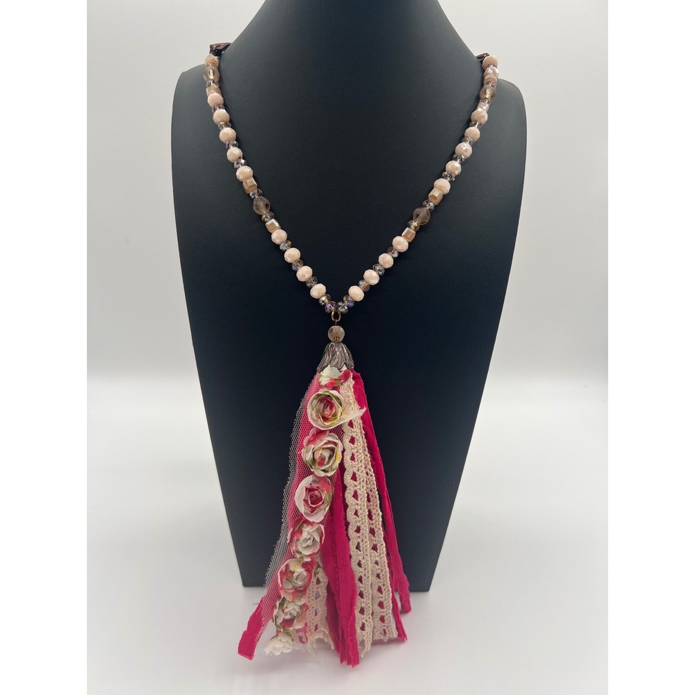 Boho Beaded Tassel Necklace Pink Fabric Roses Lace Cottagecore Statement Jewelry